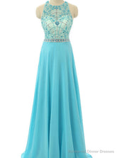 Sky Blue Beaded Prom Dresses Beading Formal Dresses Sheer Evening Gowns